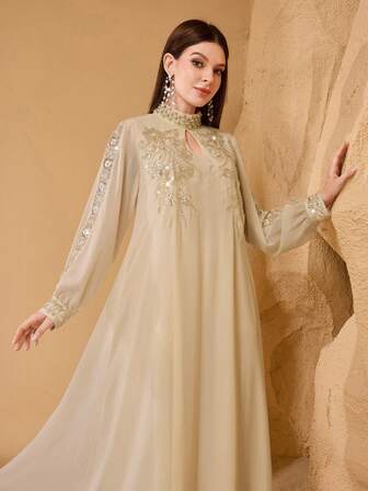 SHEIN Najma 优雅蕾丝边饰串珠装饰阿拉伯风格女式连衣裙