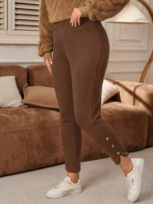 EMERY ROSE 大码女式高腰纯色保暖内衬纽扣装饰开衩裤脚修身休闲/工作裤，秋冬女式休闲裤，大码打底裤，棕色女式慢跑裤 - 棕色 - 查看 6