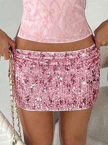 TRNVIE Chân váy ngắn ôm sát đính sequin thời trang - Hồng - Xem 4