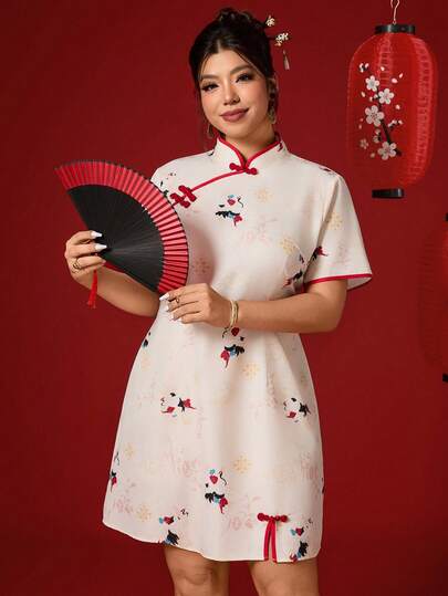 Elenzga 大码女式中国风印花连衣裙，端庄优雅，稳重得体，适合新年、节日、派对、情人节等场合。