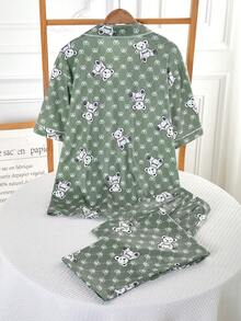 两件套青少年男童POLO领开襟睡衣套装，柔软针织面料，经典泰迪熊卡通图案，是送给孩子的绝佳礼物，适合春、夏、秋、冬四季穿着。 - 綠色 - 查看 2