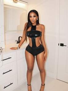 BamGleam 女士纯色露背性感连体衣 - 黑色 - 查看 1