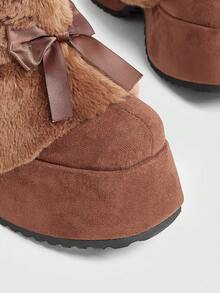 Sugerpunk 女士人造毛皮蝴蝶结装饰厚底中筒靴 - 棕色 - 查看 4