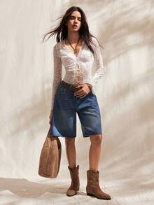 Easelle White Lace Bodysuit Long-Sleeved Top (Women's), Front Button Closure, Sheer Lace Top, Spring/Summer 2026. - White - View 3