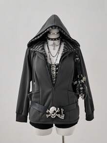 Sunspun Sudadera de talla grande con estilo oscuro, rayas y parches de color contrastante - Gris Oscuro - Ver 7