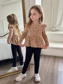 Elladie kids 2pcs/Set Young Girl Heart Print Long Sleeve Top With Ruffle Trim And Leggings, Spring Autumn - Khaki - View 5