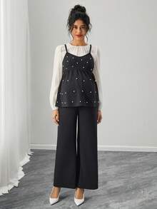 SHEIN Maternity Round Neck 2 In 1 Beaded Decor Long Sleeve Top And Wide Leg Pants Casual Outfit - Black - View 1