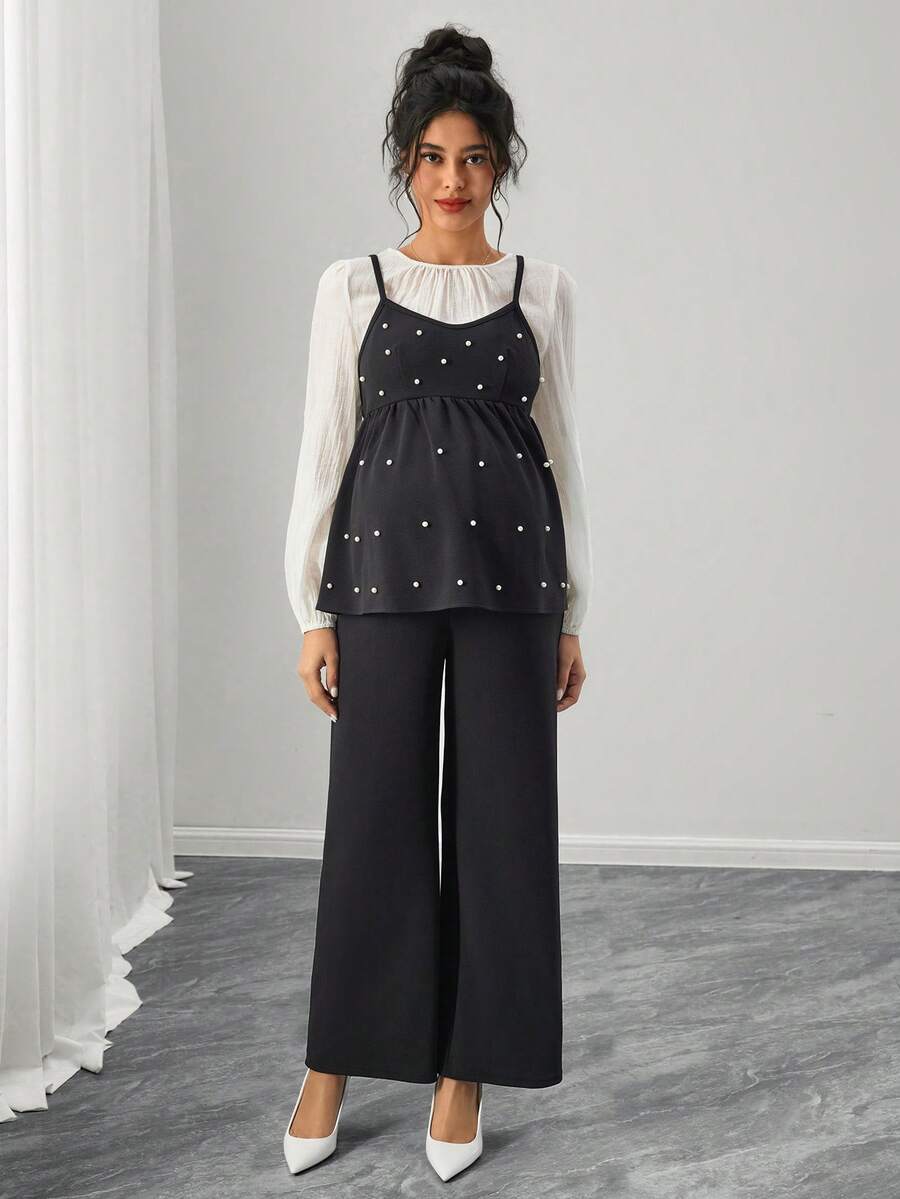 SHEIN Maternity Round Neck 2 In 1 Beaded Decor Long Sleeve Top And Wide Leg Pants Casual Outfit - Black - View 1