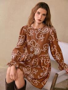 Florisole Women's Casual Loose Bohemian Embroidered Paisley A-Line Mini Dress, Spring/Autumn - Coffee - View 6