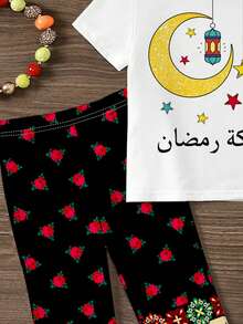SHEIN 2pcs/Set Young Girl Cartoon Casual Round Neck Short Sleeve Top And Flare Pants - Multicolor - View 6