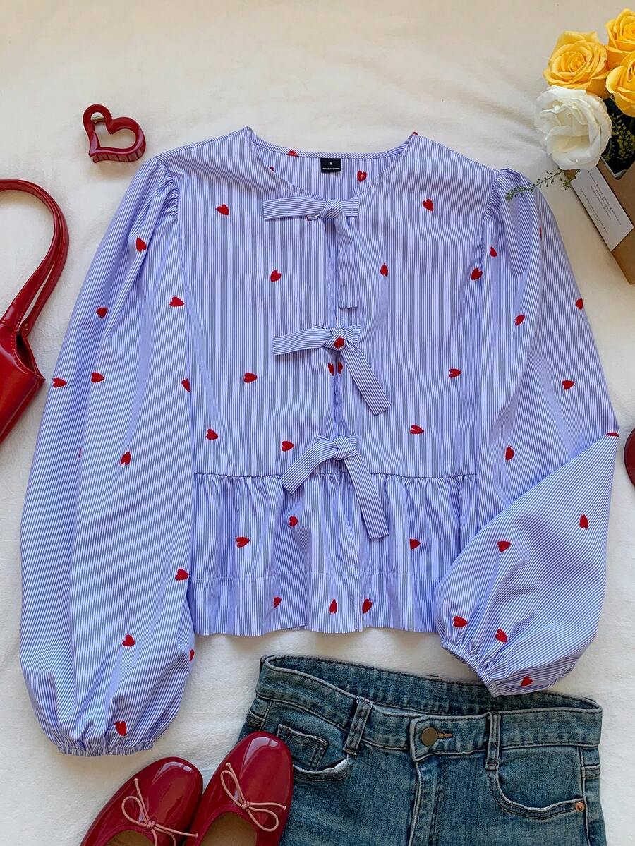 SHEIN EZwear Áo nữ dệt sọc xanh có trang trí nơ, tay dài - Màu xanh nhạt - Xem 1