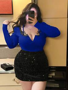 Vibekara 大码性感蕾丝拼接深V领长袖两用短款上衣 - 寶藍色 - 查看 5