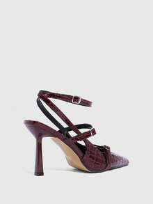 CUCCOO SZL 女士后跟系带蝴蝶结装饰洛丽塔风格高跟鞋，酒红色，适合圣诞节穿着 - 酒紅色 - 查看 4