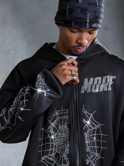 Street Life Sudadera con capucha casual con cremallera y diseño de telaraña de hombros caídos para hombre