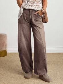 EMERY ROSE 大码时尚复古宽松牛仔裤，带口袋 - 咖啡棕 - 查看 4