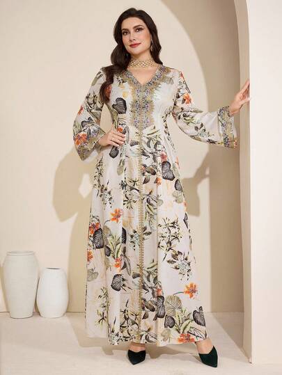 Al Najma Plus Size Women's Tropical Plant Print V-Neck Long Sleeve Dress