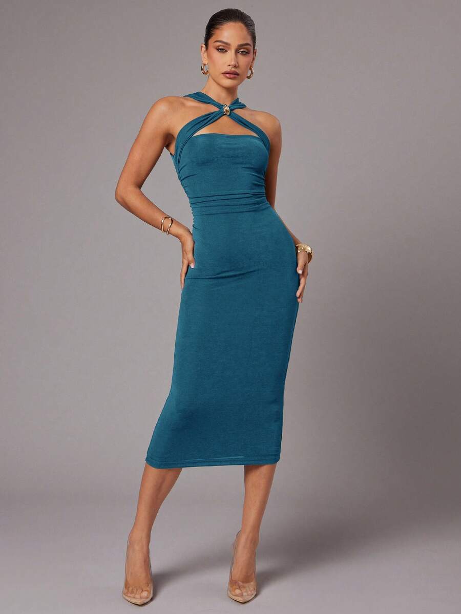 Silquee Vestido midi elegante de mujer con cuello halter, plisado y ajustado de unicolor - Agua verde azul - Ver 1