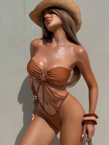 Swim SXY 2件套纯色金属绳棕榈树装饰连体泳衣，女士，春夏款 - 鏽棕色 - 查看 4