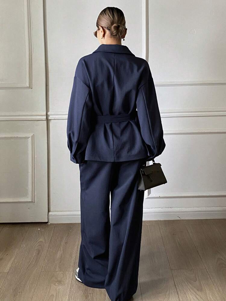 Autumn/Winter Loose Business Casual Denim Effect Vintage Washed Original Color Shacket, Straight Leg Casual Pants, 2 Piece Set With Belt For Women