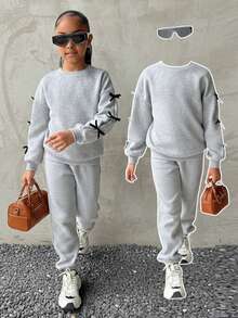 SHEIN 少女灰色卫衣套装，可爱蝴蝶结装饰，休闲日常百搭，厚实宽松，舒适 - 灰色 - 查看 1