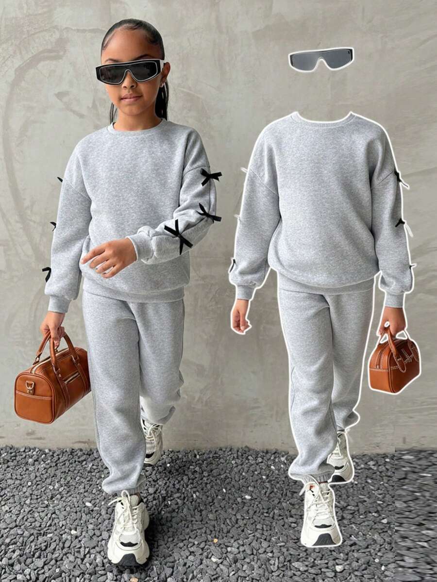 SHEIN 少女灰色卫衣套装，可爱蝴蝶结装饰，休闲日常百搭，厚实宽松，舒适 - 灰色 - 查看 1