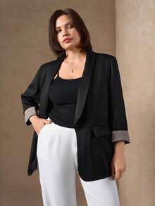Chikora Áo khoác blazer nữ cỡ lớn kẻ caro phối nhiều màu sắc, kiểu dáng thường ngày, đa năng, thích hợp đi làm, trang phục công sở cho nữ, áo công sở cho nữ. - màu đen - Xem 7