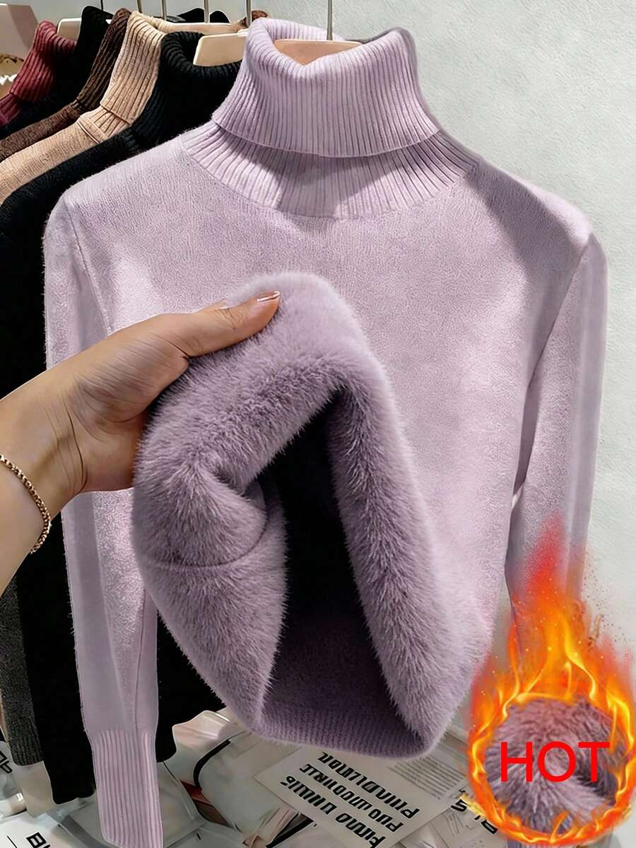 Franclia Fashionable All-Match High Neck Thick Seamless Fitted Long Sleeve Knit Sweater, Versatile For Autumn/Winter - Lilac Purple - View 1