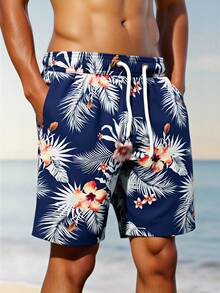 Surfspeed 男士热带印花休闲沙滩短裤，夏威夷度假风短裤，花朵图案，夏日夏威夷风情 - 藏蓝色 - 查看 4