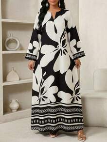 SHEIN Lady Women's Floral Print V-Neck Long Sleeve Loose Dress, Vacation Style - Black and White - View 1