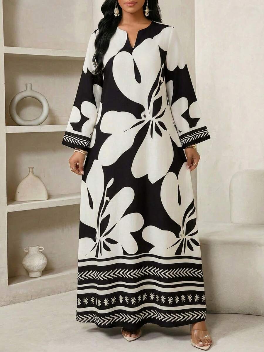SHEIN Lady Women's Floral Print V-Neck Long Sleeve Loose Dress, Vacation Style - Black and White - View 1