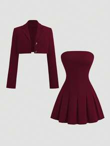 Sweetra 女士纯色法式复古英伦风无肩带褶皱连衣裙及休闲修身西装外套套装，初秋 - 酒紅色 - 查看 1