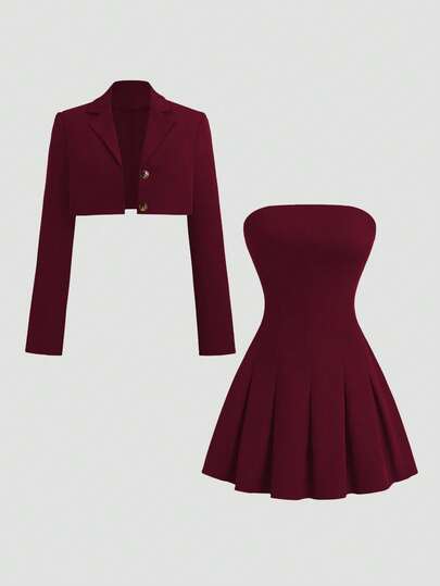 Sweetra 女士纯色法式复古英伦风无肩带褶皱连衣裙及休闲修身西装外套套装，初秋