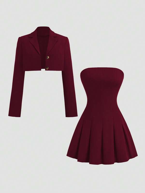 Sweetra 女士纯色法式复古英伦风无肩带褶皱连衣裙及休闲修身西装外套套装，初秋