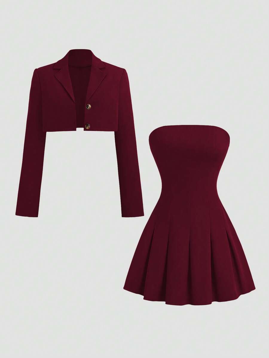 Sweetra 女士纯色法式复古英伦风无肩带褶皱连衣裙及休闲修身西装外套套装，初秋 - 酒紅色 - 查看 1