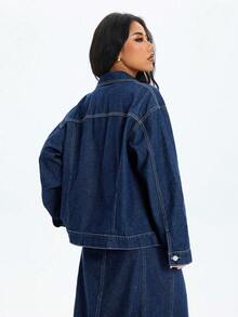 SHEIN 宽松休闲牛仔落肩长袖时尚百搭外套 - 中等水洗藍 - 查看 2