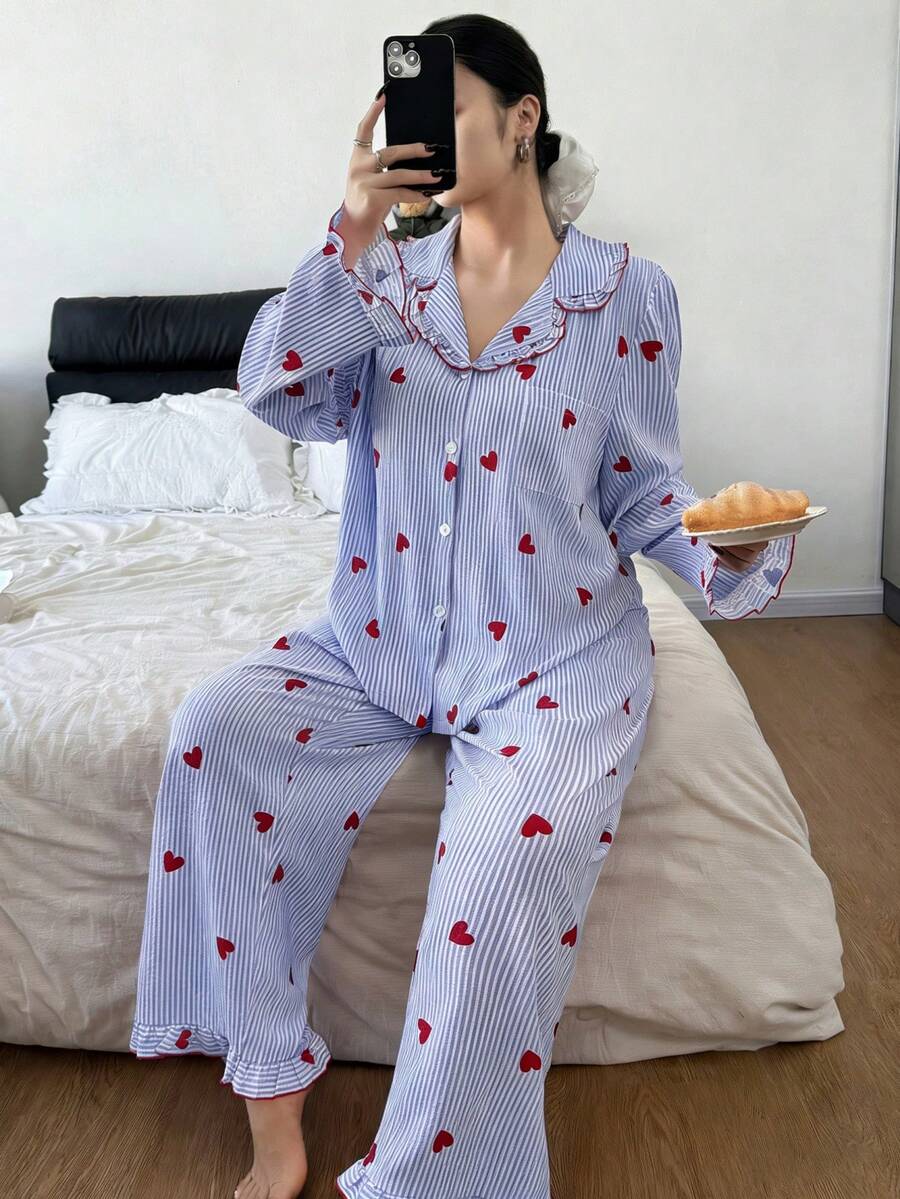 Dream Adore Plus Size Women Mushroom Collar Striped Heart Print Pajama Set Valentine's Stripe Pajama Set - Multicolor - View 1