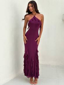 Aloruh 女士浪漫荷叶边系领修身连衣裙 - 中紫紅色 - 查看 7