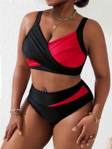 Slaydiva 大码女式两件套黑粉拼接褶皱吊带泳衣套装，夏季海滩度假