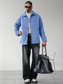 Manfinity Homme Men's Casual Solid Color Wool Blend Overcoat, Autumn/Winter - Baby Blue - View 3