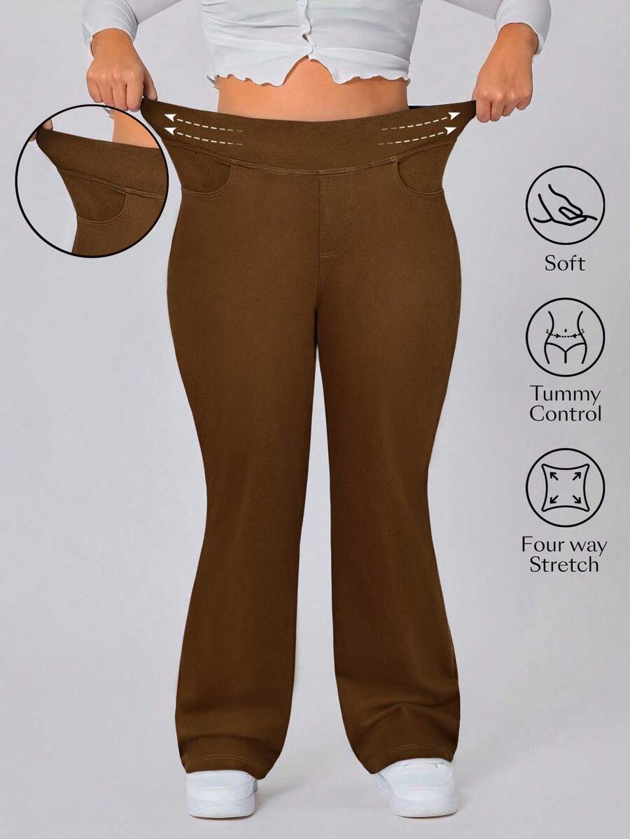 Flexra Quần jeans ống loe giặt đa năng thường ngày cỡ lớn dành cho nữ - Cà phê nâu - Xem 1