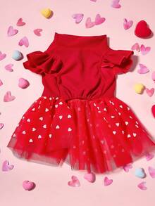 PETSIN 1pc I WOOF YOU Red Heart Pattern Mock Neck Lantern Sleeve Flocked & Mesh Pet Dog Dress, Valentines Luxury Outfit - Red - View 5