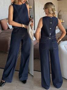 EMERY ROSE Women's Casual Denim Sleeveless Top And Pants Set,Women Denim Set,Women Denim Set,Denim Vest Wide Leg Pants Set,Denim Tank Top And Pants Set,Relaxed Wide Leg Denim Set,Elastic Waist Denim Pants Set,Office Denim Set,Versatile Office Denim Two Piece,Vacation Denim Set,Holiday Casual Denim Two Piece,Old Money Style Denim Set,French Casual Denim Set,All Season Denim Set,Spring Fall Denim Set,Valentine's Day - Blue - View 2
