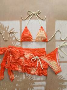 Swim Glamine 女士扎染荷叶边露背性感比基尼三件套，沙滩度假 - 彩色 - 查看 7