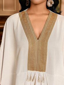 SHEIN Lady Women's V-Neck Batwing Sleeve Loose Casual Mid-Length Patchwork Tassel Design Dress Abayas Dubai Luxury Caftan Dress Kaftans For Women - Khaki - View 9