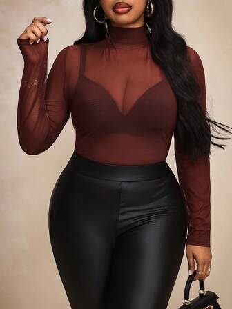 Truni Plus Mock Neck Sheer Mesh Top Without Camisole, For Pear Triangle Body Shape