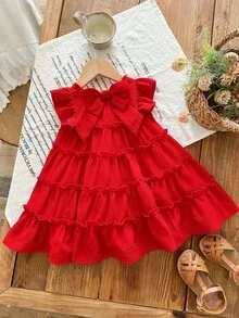 SHEIN 女婴可爱休闲宽松红色荷叶边飘逸袖连衣裙