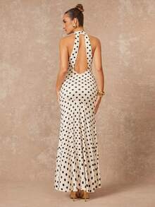 Lumalex Đầm maxi chấm bi cổ yếm hở lưng thanh lịch, ôm eo dành cho nữ, thích hợp dự tiệc và liên hoan. - Màu be - Xem 7