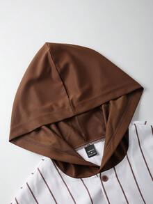 Manfinity Campus Court 男士撞色条纹字母印花连帽长袖衬衫（不规则剪裁） - 咖啡棕 - 查看 5