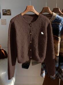 Comfortcana Nuovo cardigan casual da donna in stile minimalista per autunno/inverno con dettagli ricamati, maglione da donna in stile campagnolo color caffè per abbigliamento all'aperto, abbigliamento autunnale - Caffè Marrone - Visualizzare 5