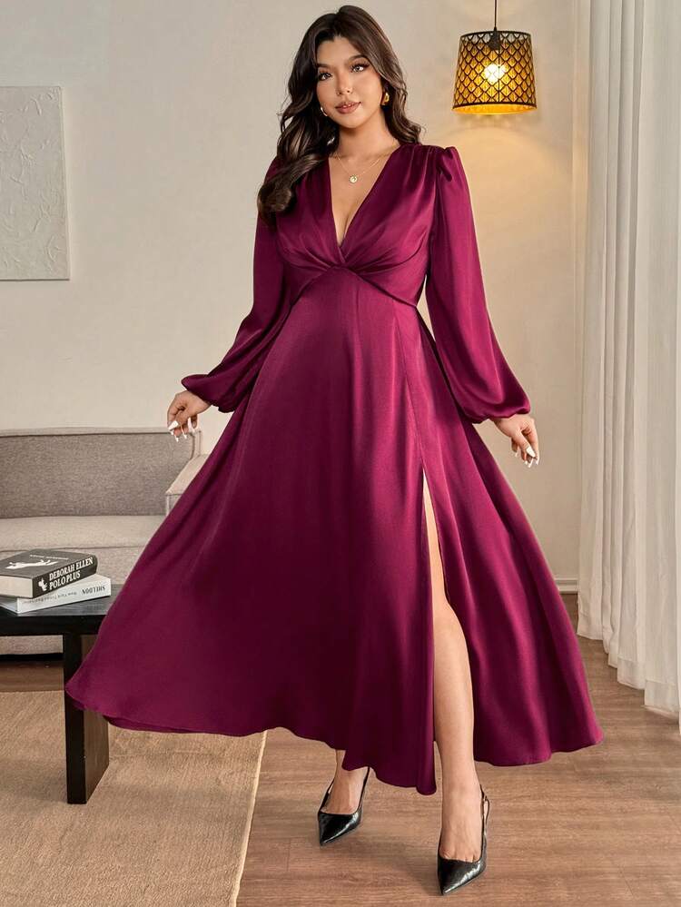 Vionelle Sukienka damska w dużym rozmiarze, nowa, z głębokim dekoltem w serek i długim rękawem, z węzłem, elegancka, formalna, wieczorowa, romantyczna, z wysokim rozcięciem - Burgund - Zobacz 4